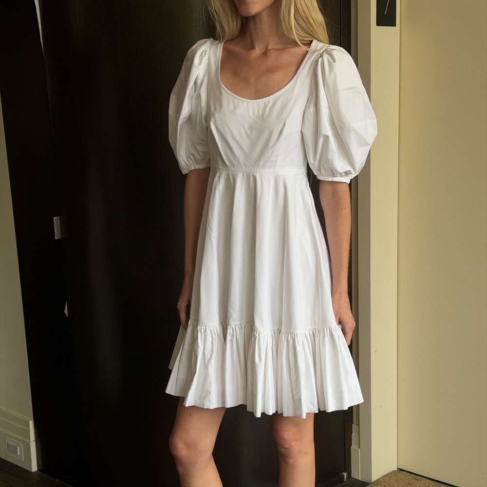Alexander McQueen White Puff-Sleeve Ruffle Hem Dress